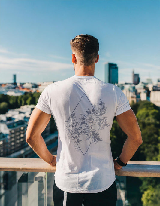 Male model watching over city wearing Barcode of Sweden Graphic t-shirt.